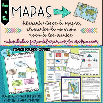Preview of Map Skills Spanish Destreza para leer mapas Compass Rose Rosa de los vientos