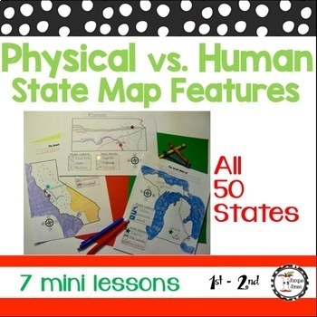 Preview of Map Skills State Map Project Physical Landforms vs. Human Features 1st Grade