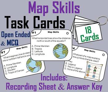 Preview of Map Skills Task Cards Activity (Geography Unit: Latitude & Longitude, Map Types)