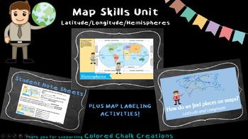 Preview of Map Skills Unit (Hemispheres, Latitude, Longitude) Lessons + Notes + Activity