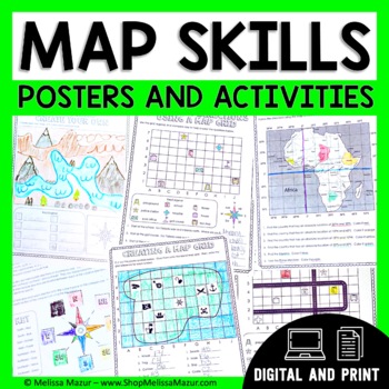 Preview of Map Skills Unit -  Maps, Globes, Types of Maps, Compass, Rose, Directions,