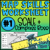 Map Skills Worksheet: Scale & Compass Rose #1 (NO PREP) - 