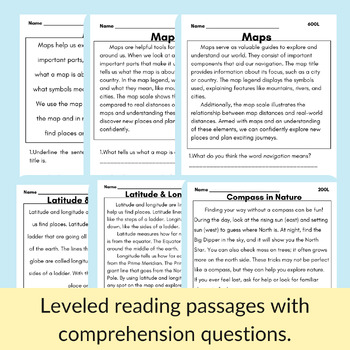 Map Skills Worksheets | Compass Rose | Grid Maps | Leveled Reading Passages