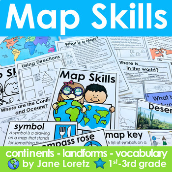 Preview of Map Skills 2nd grade 3rd grade worksheets, continents, vocabulary, landforms