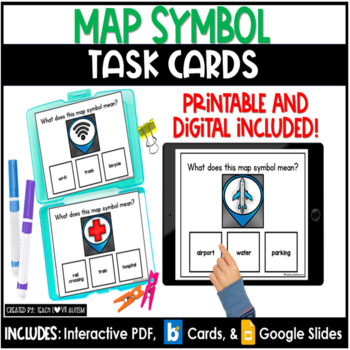 Preview of Map Symbols | Geography | Social Studies Task Cards | Boom Cards