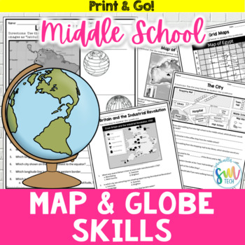 Preview of Map and Globe Skills Worksheets (6th, 7th, 8th Grades)