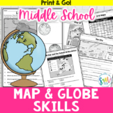 Map and Globe Skills Worksheets (6th, 7th, 8th Grades) *NO PREP*
