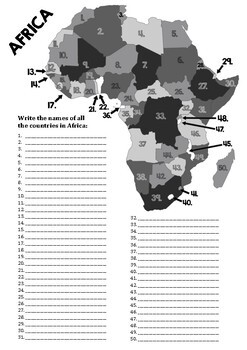 Preview of Map of Africa, numbered, fill in the names