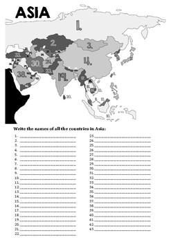 Fill In Map Of Asia Map of Asia, numbered, fill in the names by Shoe Bear Education | TpT