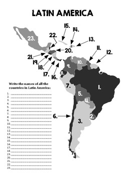 Preview of Map of Latin America, numbered, fill in the names