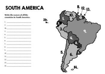 Preview of Map of South America, numbered, fill in the names