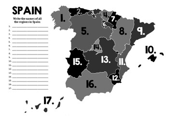 Preview of Map of Spain, numbered, fill in the names (mapa de España, numerado).