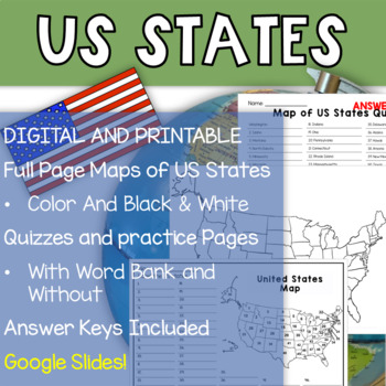 Preview of Map of United States Quiz Printable + DIGITAL Google Slides