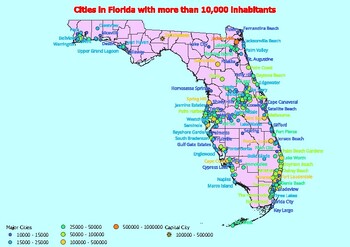 Preview of Map of large cities in the state of Florida ranked by population