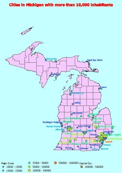 Map of large cities in the state of Michigan ranked by population