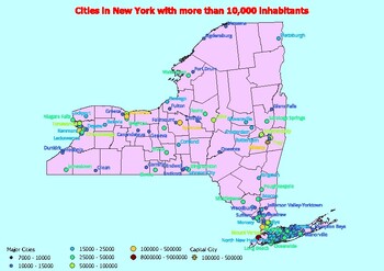 Preview of Map of large cities in the state of New York ranked by population