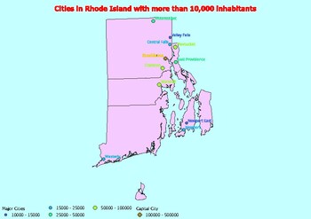 Preview of Map of large cities in the state of Rhode Island ranked by population