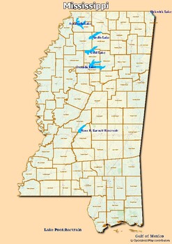 Preview of Map of major rivers and map of major lakes in the state of Mississippi, USA