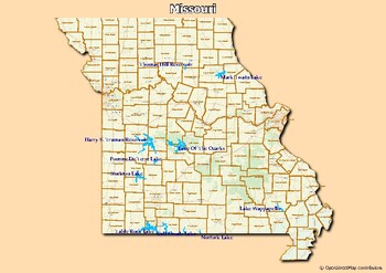 Preview of Map of major rivers and map of major lakes in the state of Missouri, USA