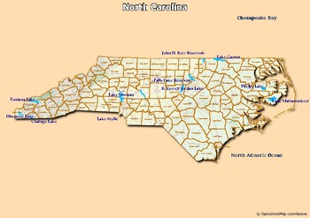 Preview of Map of major rivers and map of major lakes in the state of North Carolina, USA
