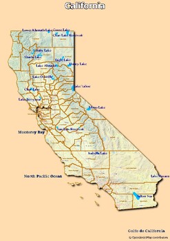 Preview of Map of rivers and map of lakes in the state of California, USA