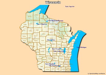 Preview of Map of rivers and map of lakes in the state of  Wisconsin, USA