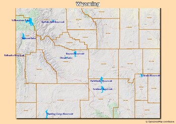Preview of Map of rivers and map of lakes in the state of  Wyoming, USA