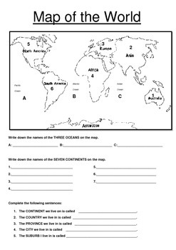 Map of the World Worksheet by Miss D's little treasures | TpT