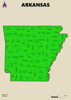 Preview of Map of the state of Arkansas in the USA with regions, counties labeled
