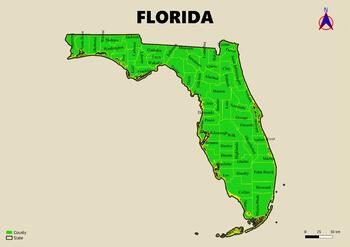 Preview of Map of the state of Florida in the USA with regions, counties labeled