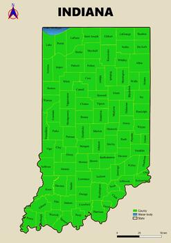 Preview of Map of the state of Indiana in the USA with regions, counties labeled