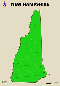 Preview of Map of the state of New Hampshire in the USA with regions, counties labeled