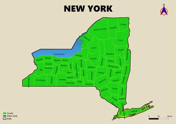 Preview of Map of the state of New York in the USA with regions, counties labeled