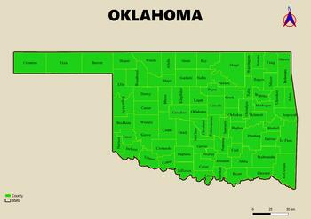 Preview of Map of the state of Oklahoma in the USA with regions, counties labeled