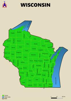 Preview of Map of the state of Wisconsin in the USA with regions, counties labeled