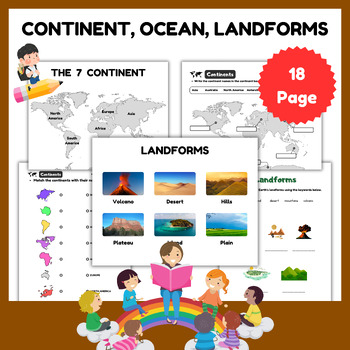 Preview of Maps & Globes 7 Continents & 5Oceans & Landforms l Map Skills Activities Kid