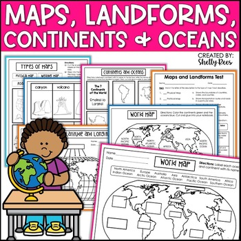 Preview of Maps & Globes Continents Oceans Map Skills Worksheet World Map Activity Landform