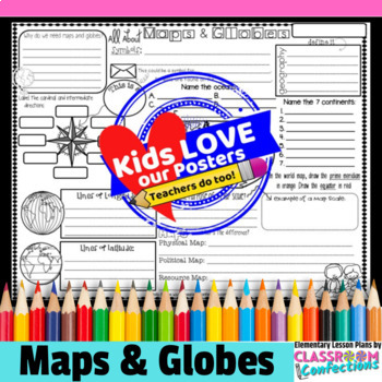 Preview of Maps and Globes Activity Poster : Doodle Style Writing Organizer 3rd 4th 5th