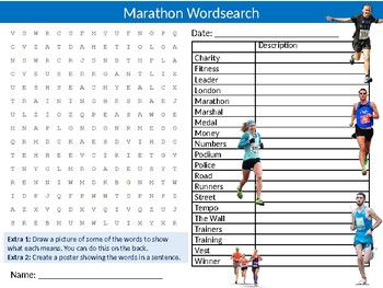 Marathon Running Wordsearch Sheet PE Sports Starter Activity Keywords