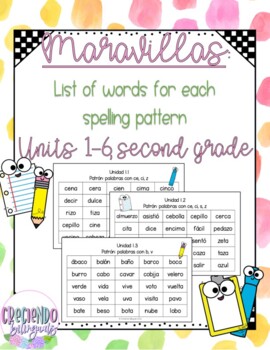 Preview of Maravillas, Spelling Word List Units 1-6, Second Grade