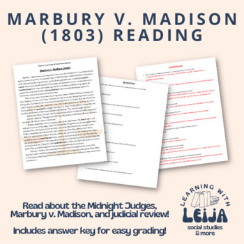 Marbury v. Madison 1803 Judicial Review Reading and Questions with ...