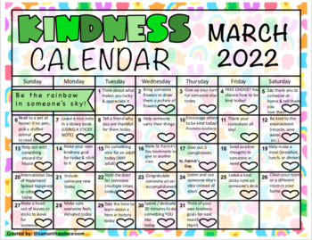 Preview of March 2022 Kindness Calendar (Editable)