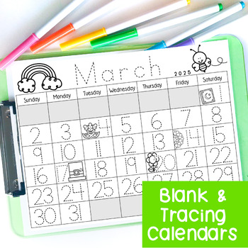Preview of March 2024 Calendar Activities, Number Tracing + Blank Calendar Templates