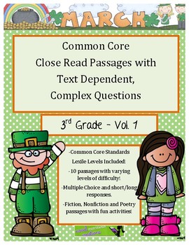 Preview of March 3rd Grade Close Read Comprehension Passages with Text Dependent Questions