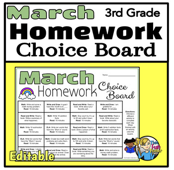 Preview of March 3rd Grade Homework Choice Board - Engaging Daily Activities