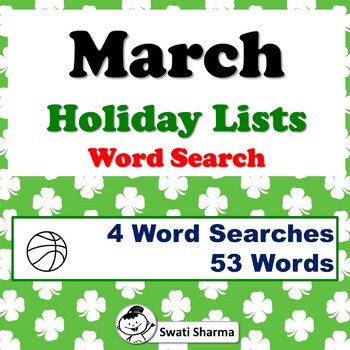 Preview of March Activities, March Holiday Lists, March Sub Plan, Word Search Worksheets