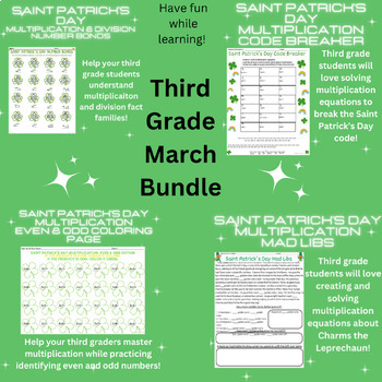 Preview of March Bundle, Saint Patrick's Day, Third Grade Multiplication Practice