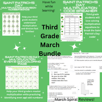 Preview of March Bundle, Saint Patrick's Day, Third Grade Multiplication & Spiral Reviews