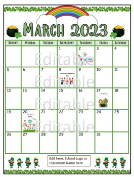Preview of March Calendar 2023 Editable