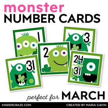 Preview of March Monster Calendar Numbers - Number Cards for St. Patrick's Day Activities